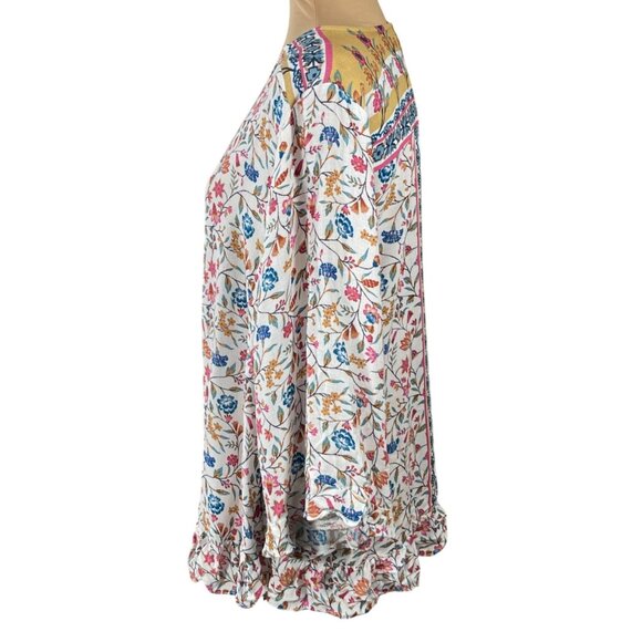 Cynthia Rowley Top Tunic Ruffle Trim Floral Size 1X Gold Pink Teal V-Neck - Picture 2 of 7